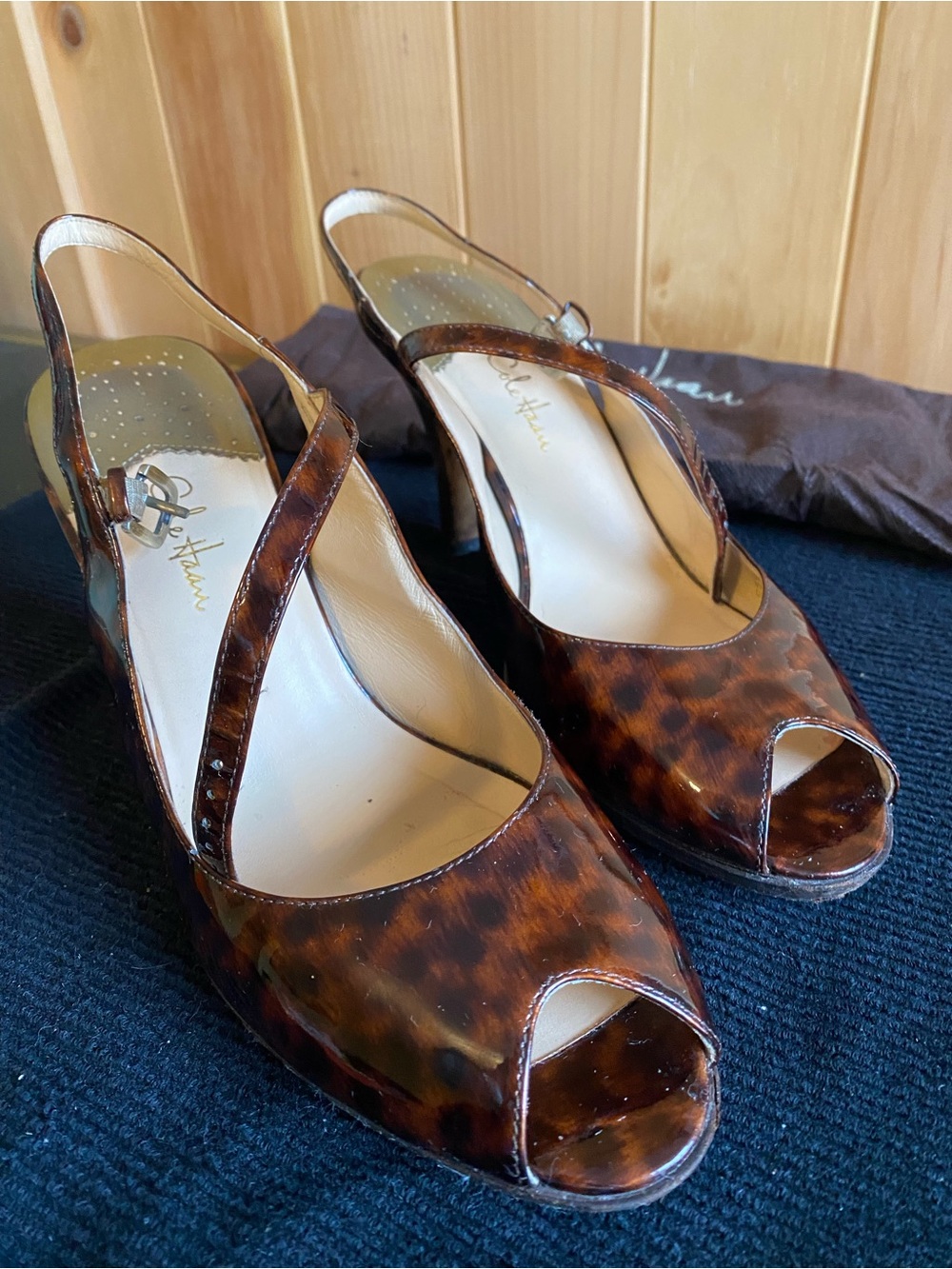 Vintage Cole Haan Nike Air Carma Peep-Toe Pumps in Tortoiseshell Patent Leather